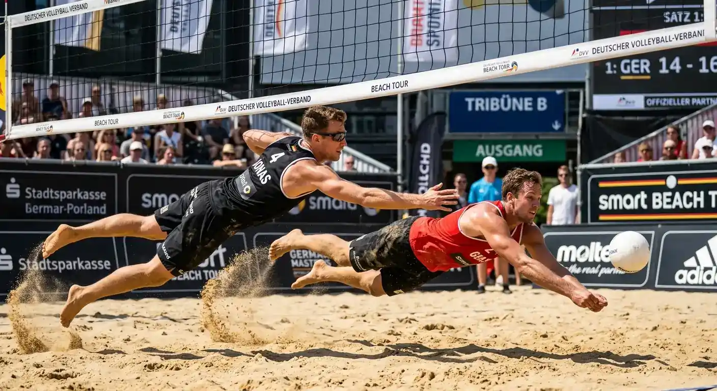 Zwei Beachvolleyball-Spieler beim Wettkampf auf Sand – zentrales Element für das Verständnis von Beachvolleyball Wetten